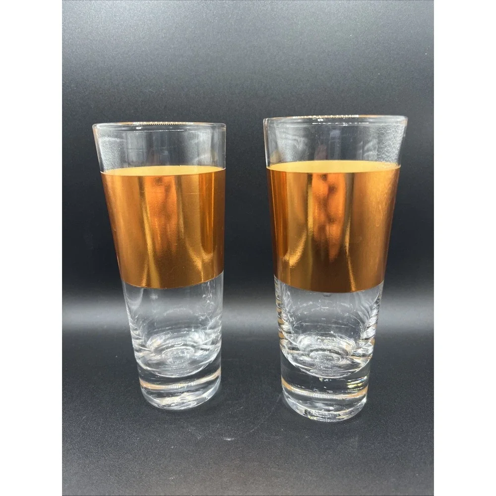 Gold-Banded Highball Glasses MCM‎ Retro Vtg Bar Cocktail Set of 2 Glassware